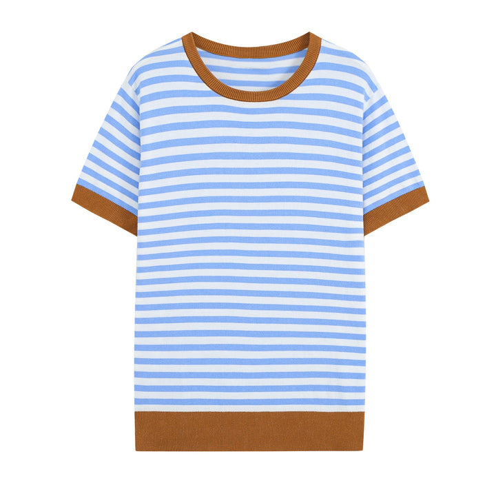 Damen Kurzärmeliges gestreiftes Ripp‑Strickshirt mit Kontrastbündchen Drune