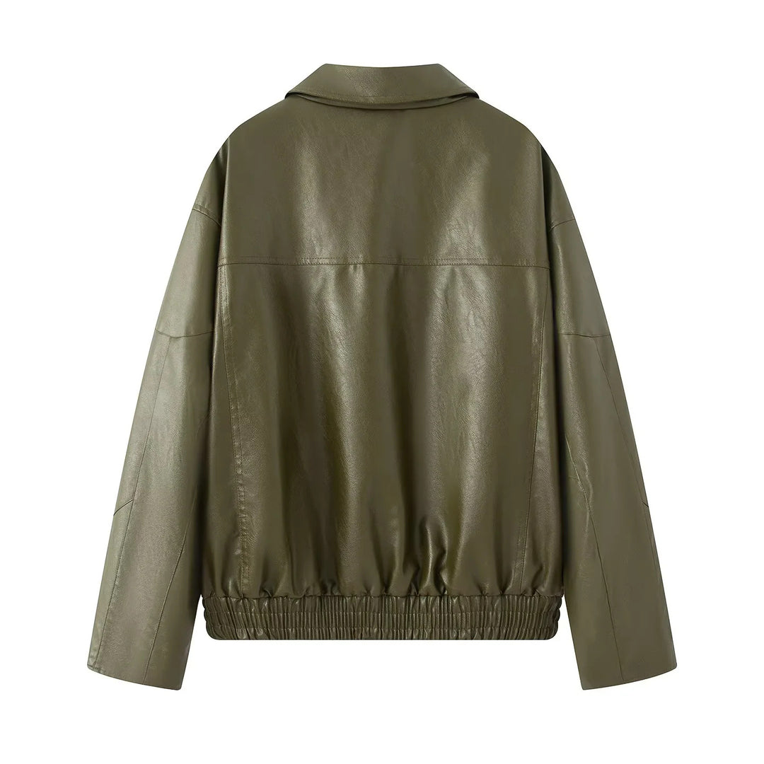 Damen nan oversized Kunstleder-Bomberjacke mit elastischem Saum und schräger Reißverschlusstasche Drune