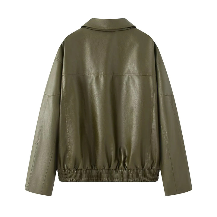 Damen nan oversized Kunstleder-Bomberjacke mit elastischem Saum und schräger Reißverschlusstasche Drune