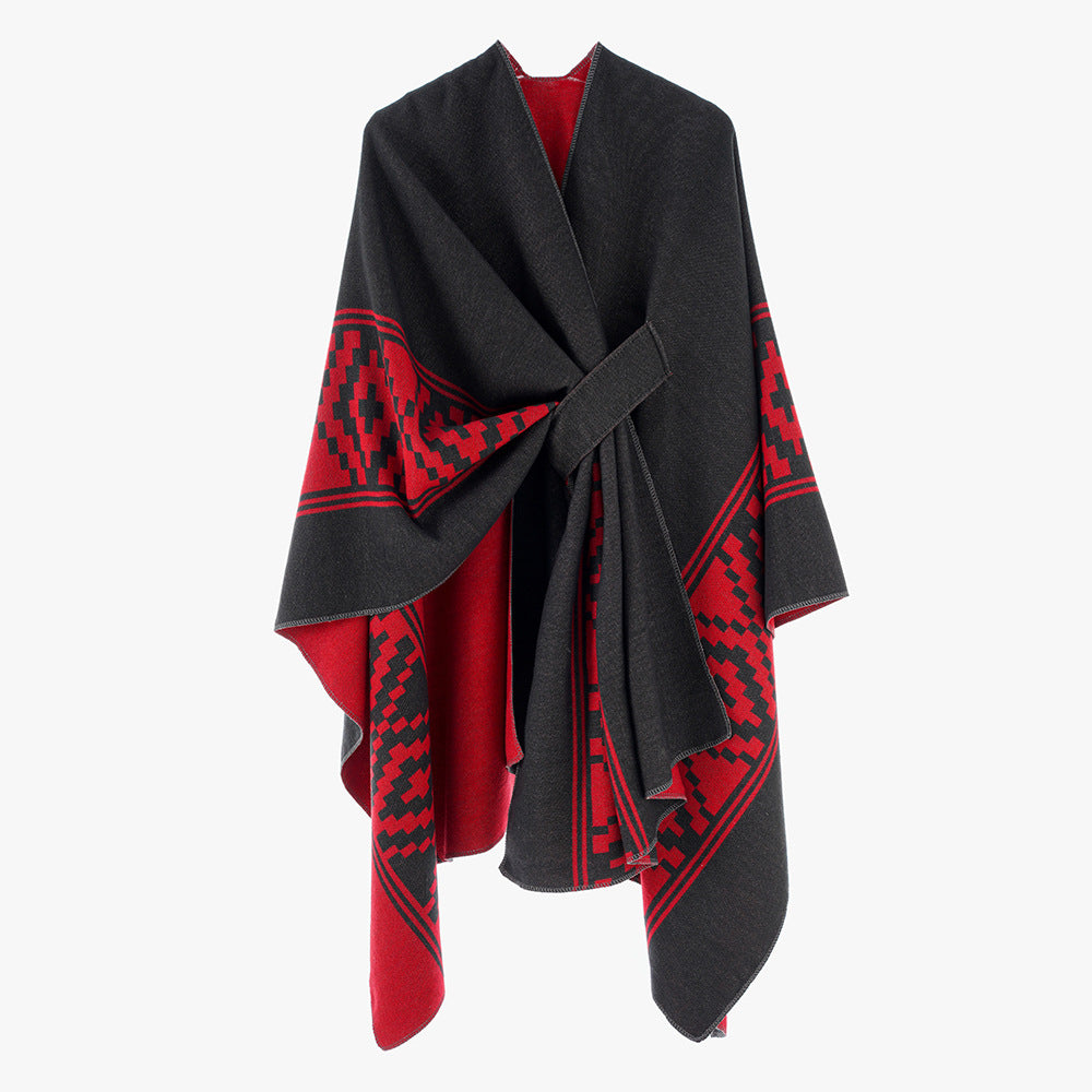 Damen Jacquard‑Ruana mit Bindegürtel und geometrischem Muster Drune