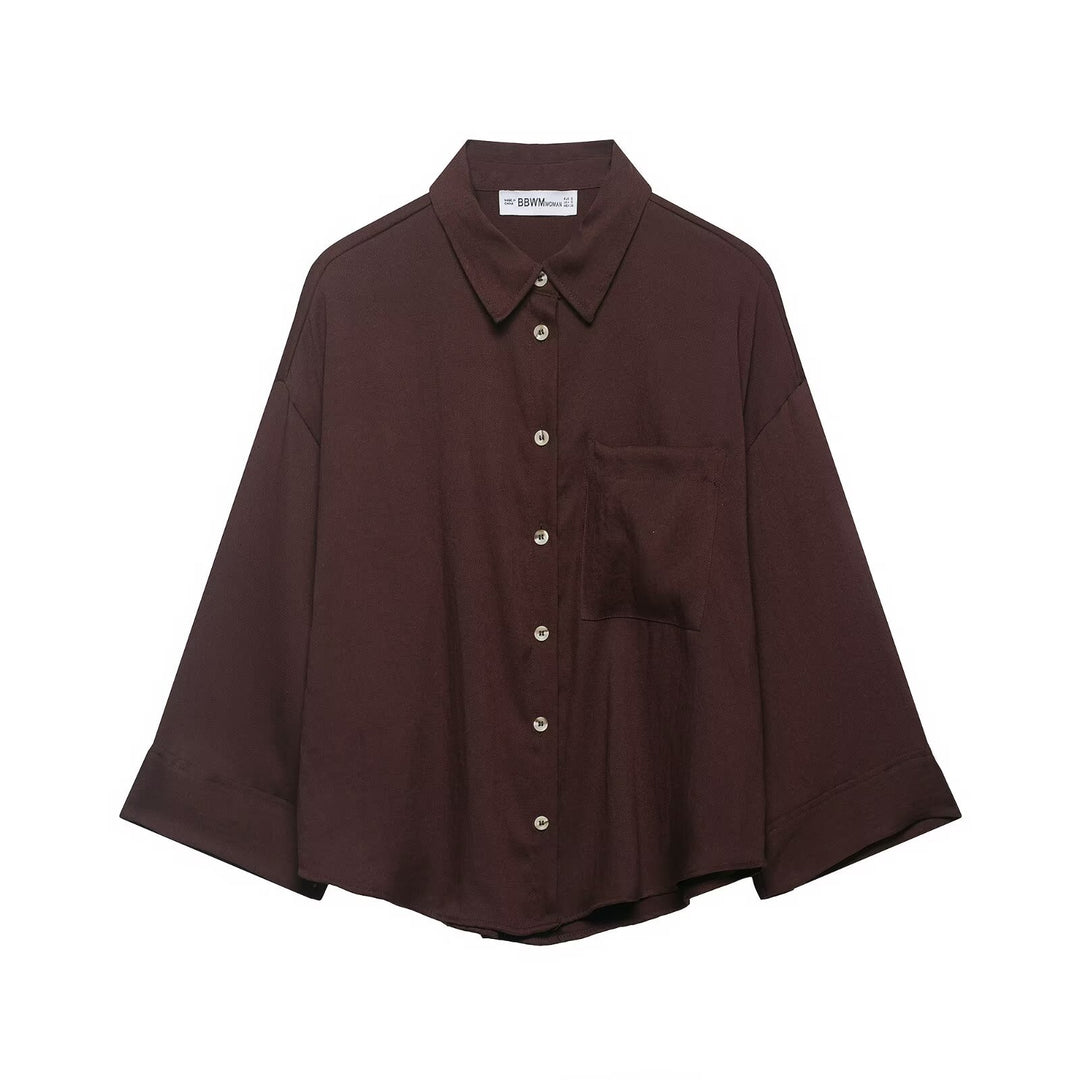 Damen Oversized Hemdbluse mit überschnittenen Schultern, dreiviertelärmeln und Brusttasche Drune