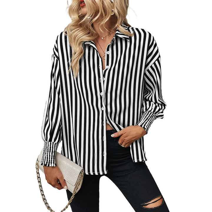 Damen Oversize-Hemdbluse mit senkrechten Streifen, klassischem Kragen und gerafften Manschetten Drune
