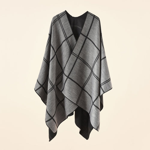 Damen Leichter Karierter Wollmix-Ruana Poncho mit V-Ausschnitt Drune