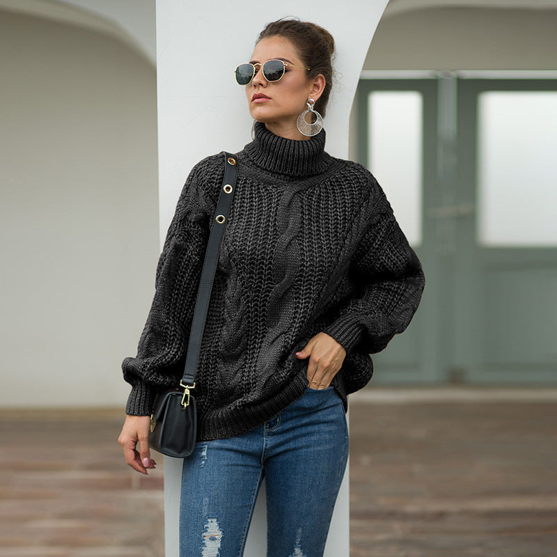 Damen Grobstrick Pullover mit hohem Kragen und strukturiertem Zopfdesign Drune