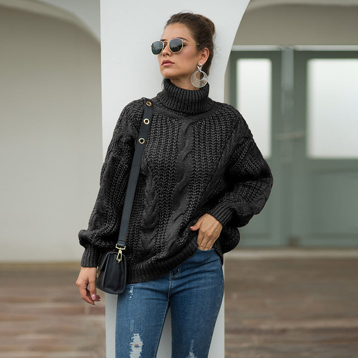 Damen Grobstrick Pullover mit hohem Kragen und strukturiertem Zopfdesign Drune