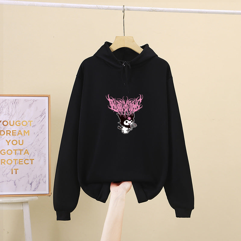 Damen nan Kapuzenpullover mit Gothic‑Kawaii Print, Oversize‑Schnitt und weichem Fleeceinnenfutter Drune