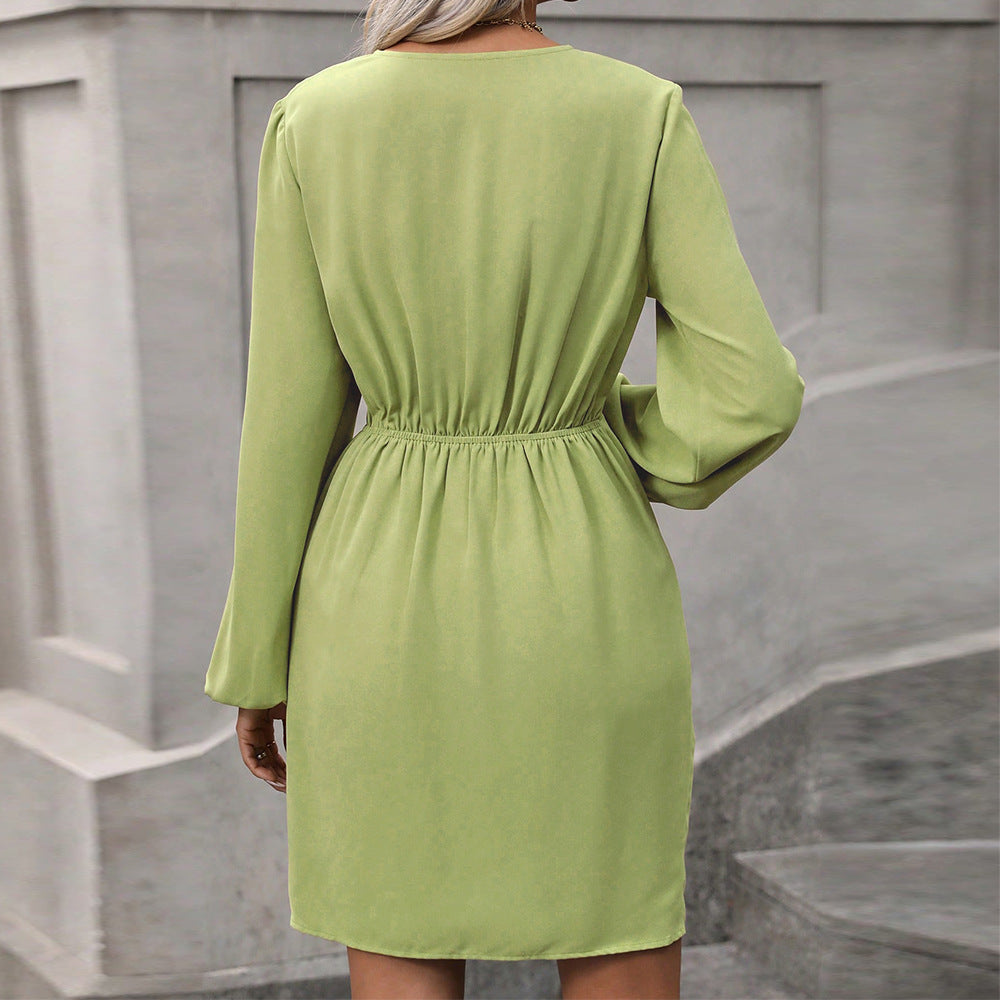 Damen Wickelkleid mit tiefem V-Ausschnitt und eleganten Puffärmeln Drune