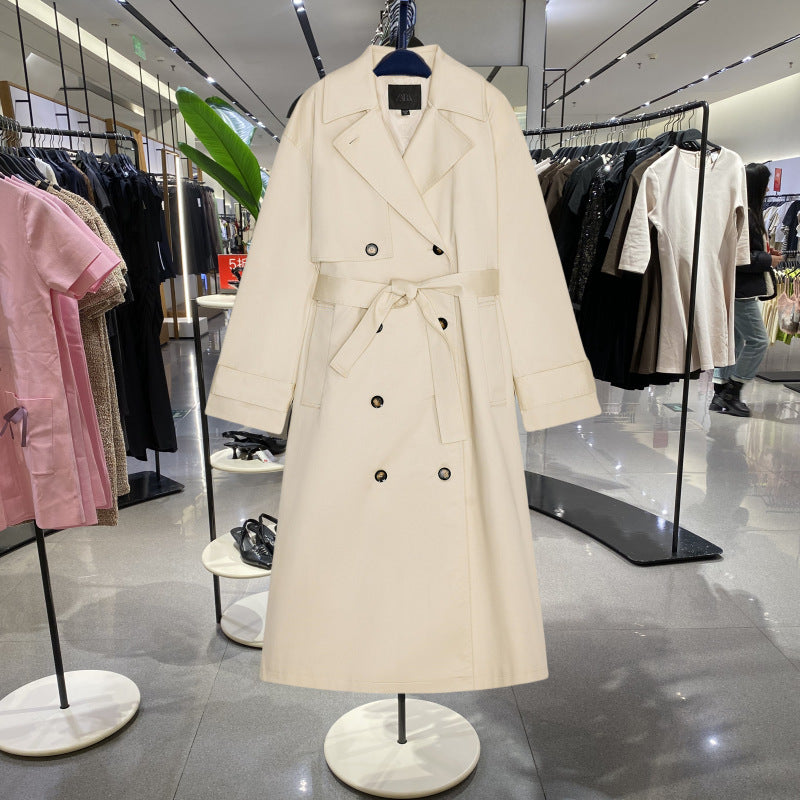 Damen Langer Trenchcoat mit doppelreihiger Knopfleiste, Taillengürtel und breitem Revers Drune