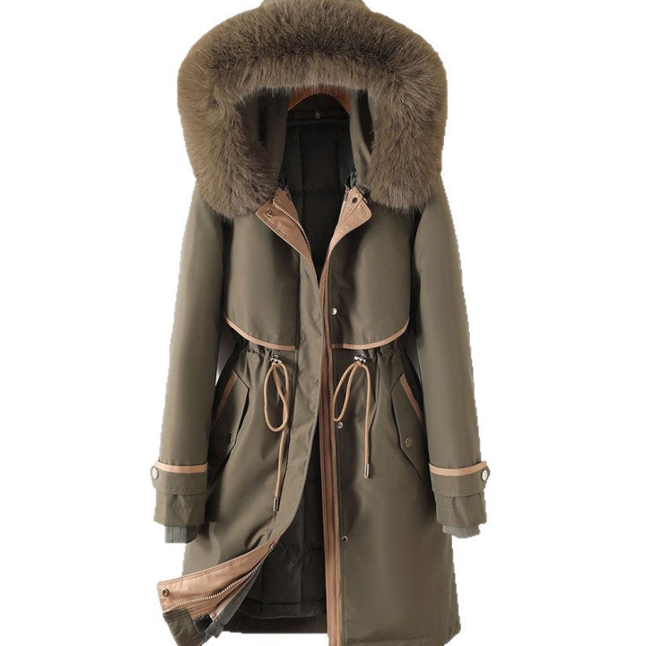 Damen nan langer Parka mit Kunstfellkapuze Taillenzug und kontrastierten Paspeln Drune