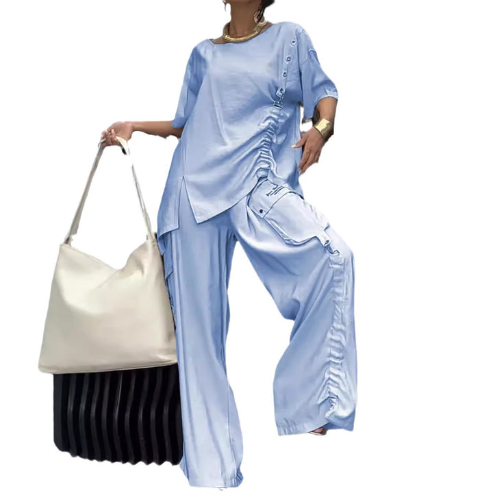 Damen nan legeres zweiteiliges Set mit übergroßem Rundhals-Shirt, seitlicher Raffung und weiter Cargo-Hose Drune