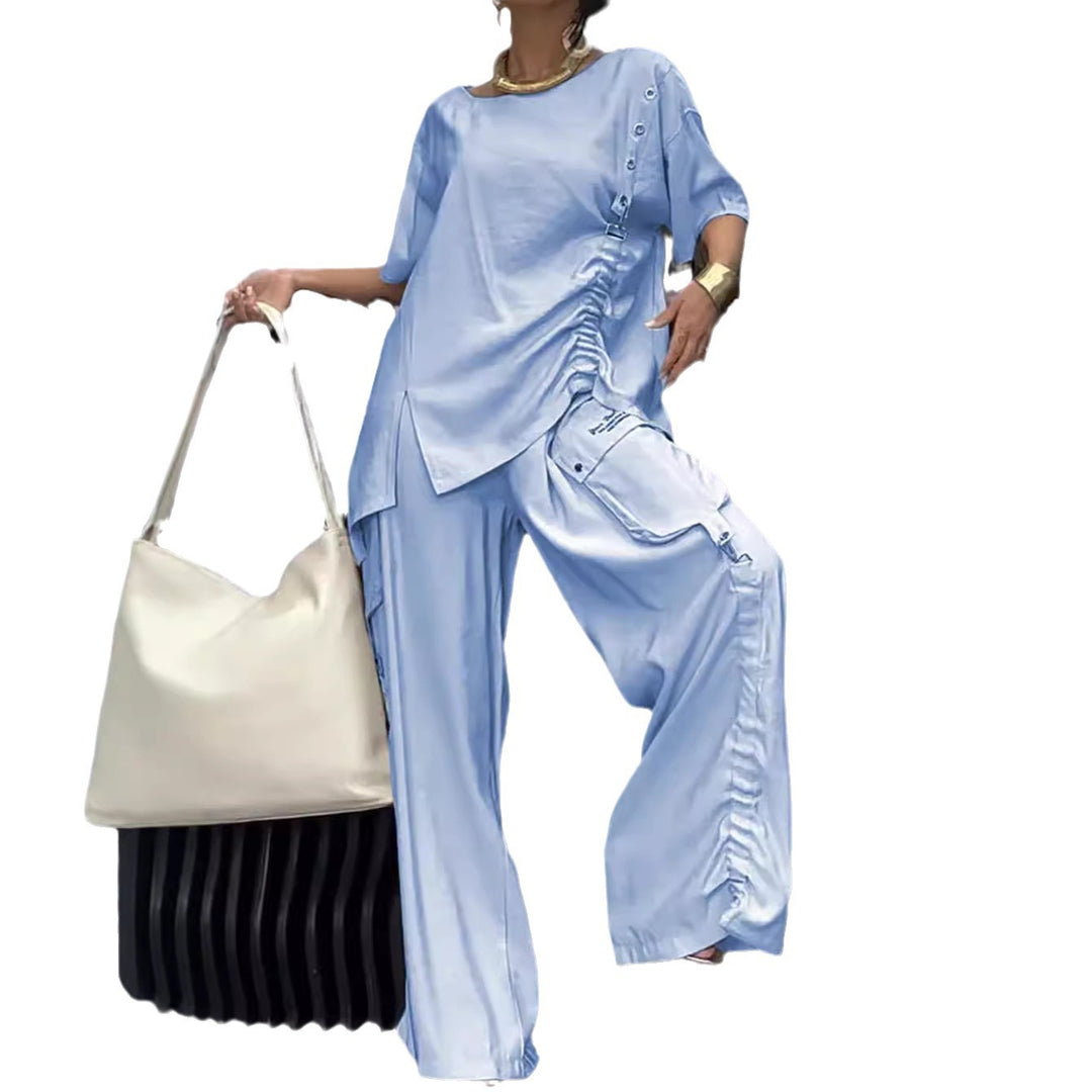 Damen nan lässiges zweiteiliges Ensemble mit geraffter Oversize-Bluse und Cargo-Palazzohose Drune