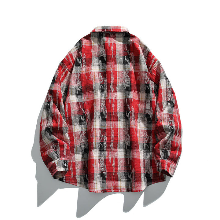 Unisex Oversize-kariertes Flanellhemd mit Destroyed-Details und Brusttasche Drune