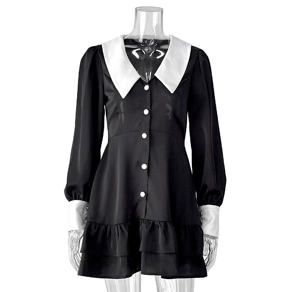 Damen Minikleid mit klassischen Kontrastkragen und Rüschendetails Drune