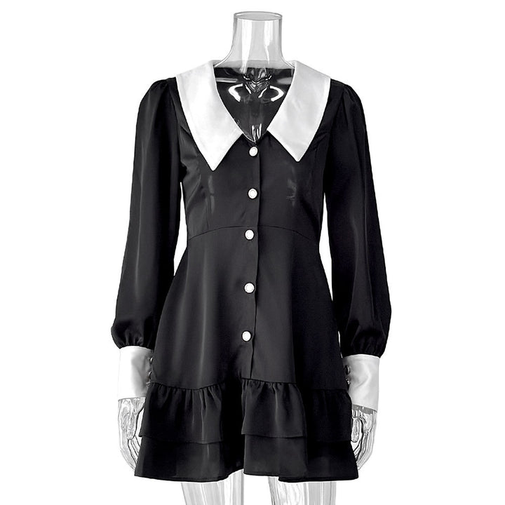Damen Minikleid mit klassischen Kontrastkragen und Rüschendetails Drune