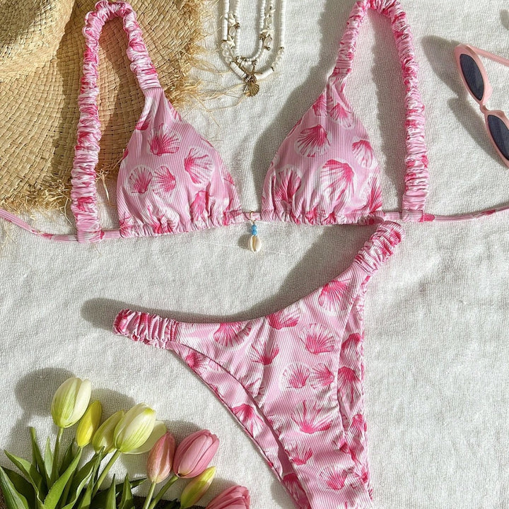 Damen Triangel-Bikini mit fröhlichem Blattmuster Drune