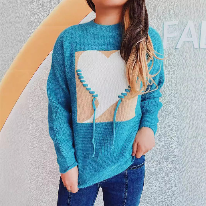 Damen modischer Pullover mit Herzapplikation und rückseitigem Kordelzug Drune