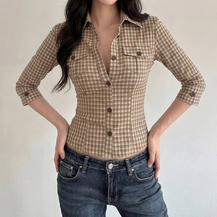 Damen Taillierte Karobluse mit Brusttaschen und Dreiviertel-Ärmeln Drune
