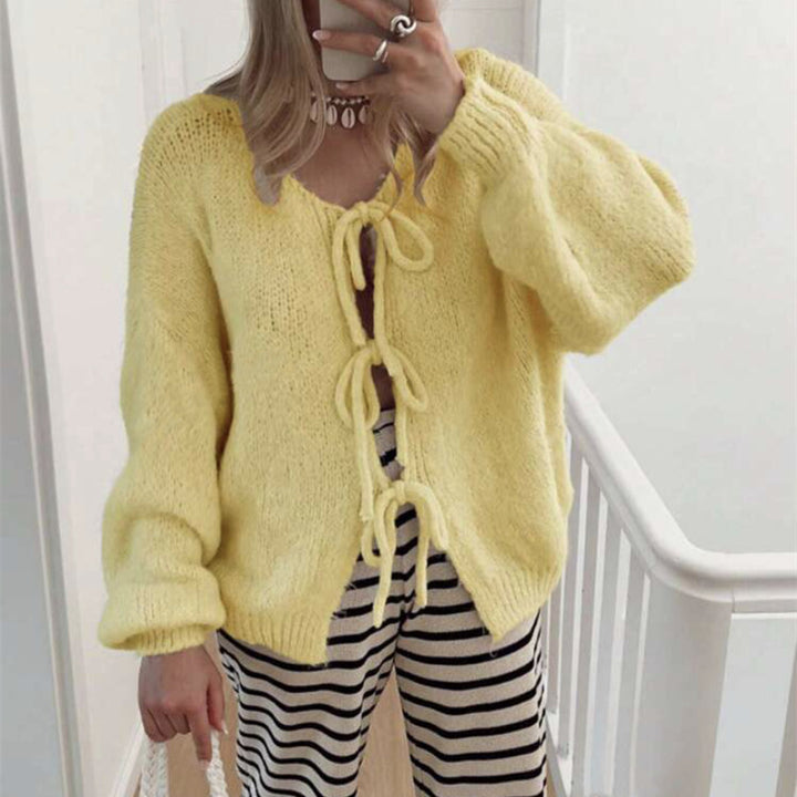 Damen Grobgestrickter Offener Cardigan mit Bindebändern, Oversize‑Silhouette und Raglanärmeln Drune