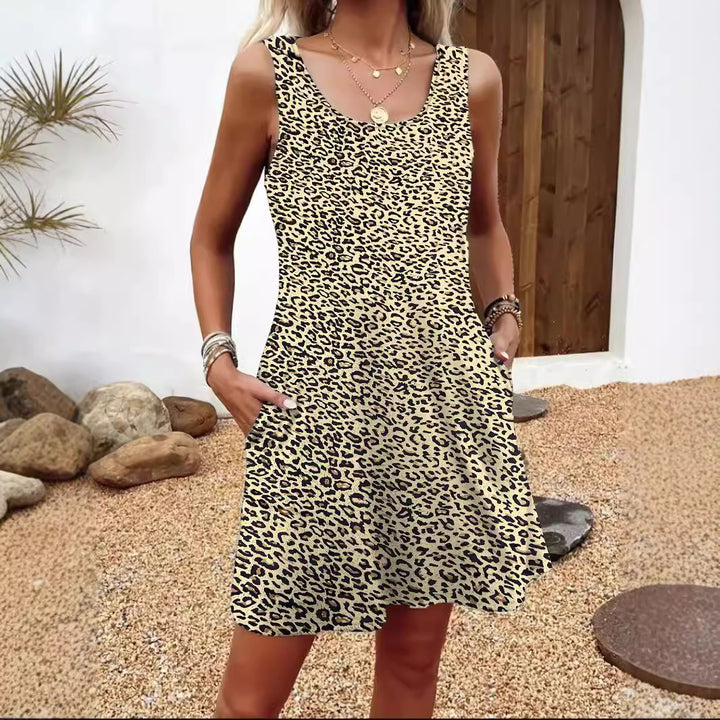 Damen lässiges Sommerkleid mit Federmuster und praktischen Seitentaschen Drune