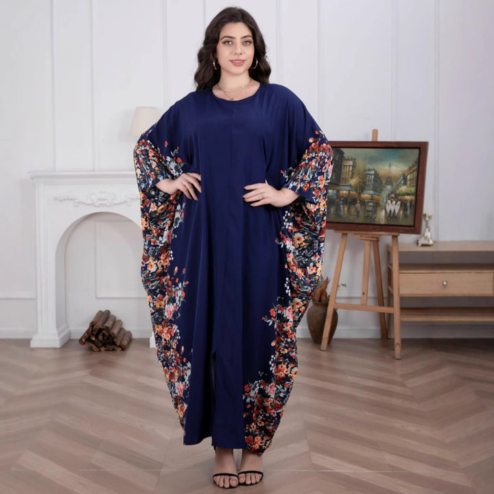 Damen Fließendes Maxikaftan-Kleid mit floralem Saum und dreiviertel Ärmeln Drune