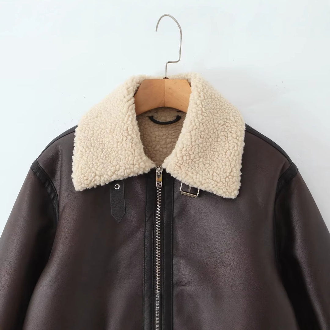 Damen Oversize-Fliegerjacke aus Kunstleder mit Teddykragen und Zipper-Taschen Drune