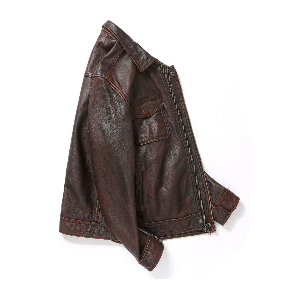 Herren Lederjacke im Worker-Stil mit Brusttaschen und durchgehendem Reißverschluss Drune