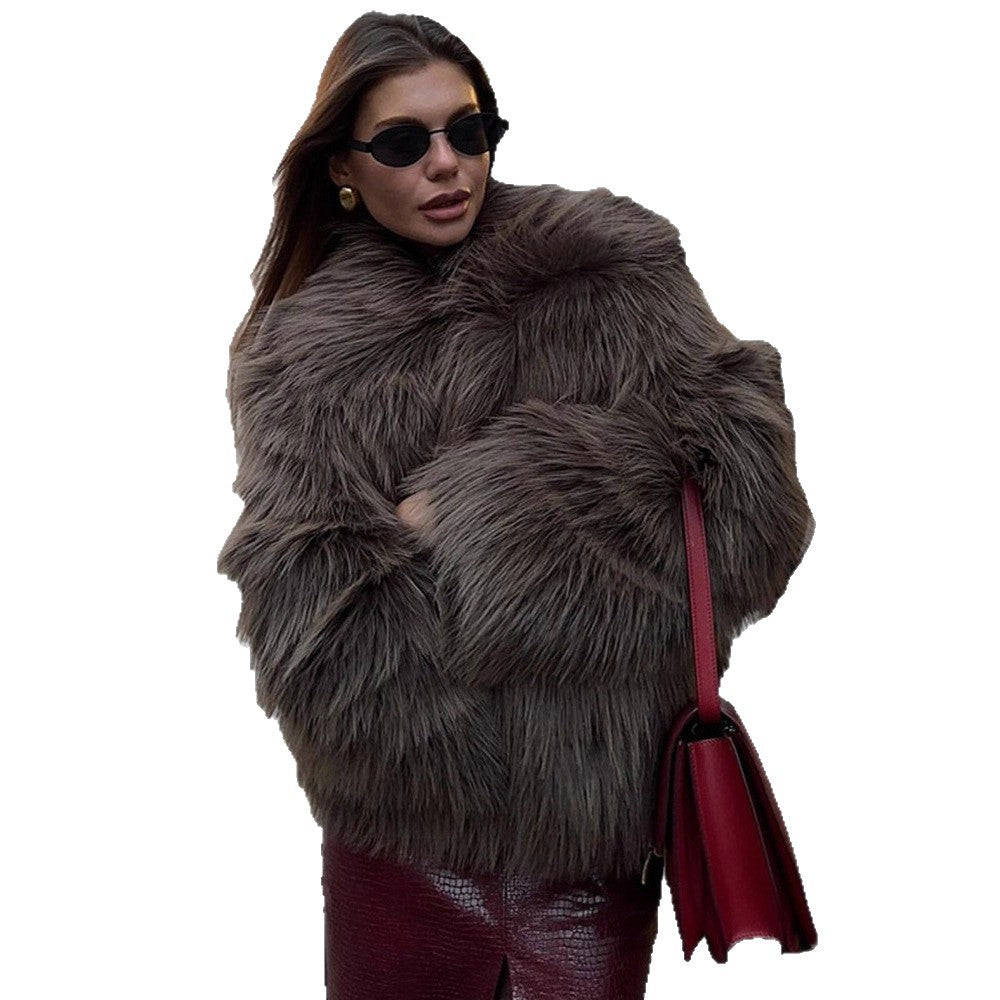 Damen Oversize Kurzjacke aus Kunstfell im Shaggy-Look mit voluminösem Schalkragen Drune