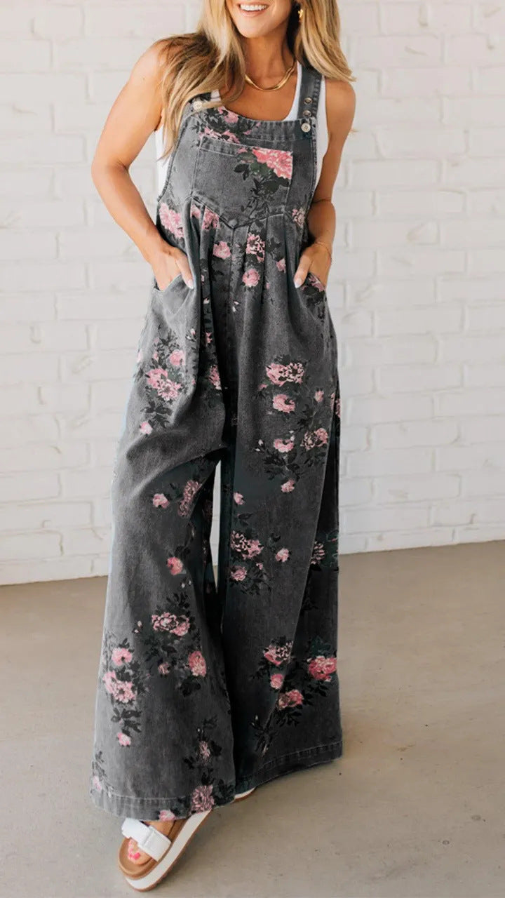 Damen Baumwoll-Overall mit floralem Druck und weiten Beinen Drune