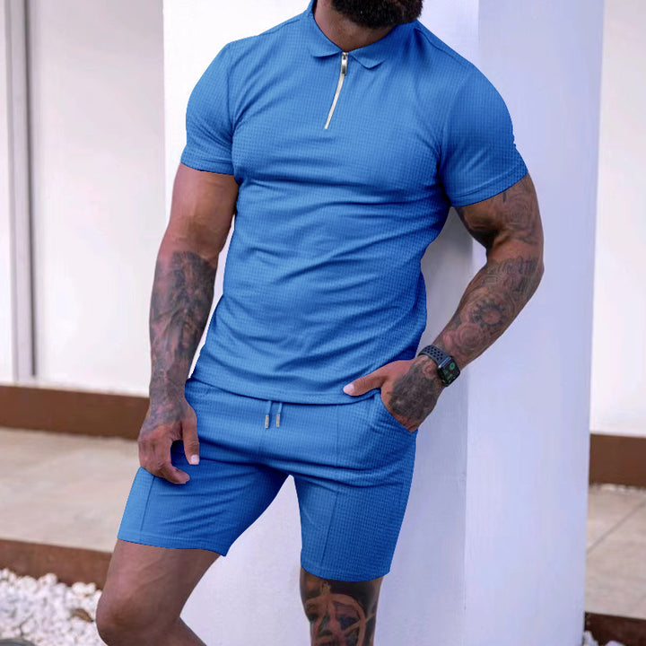 Herren modisches Polo- und Shorts-Set mit strukturiertem Gewebe und funktionalem Reißverschluss Drune