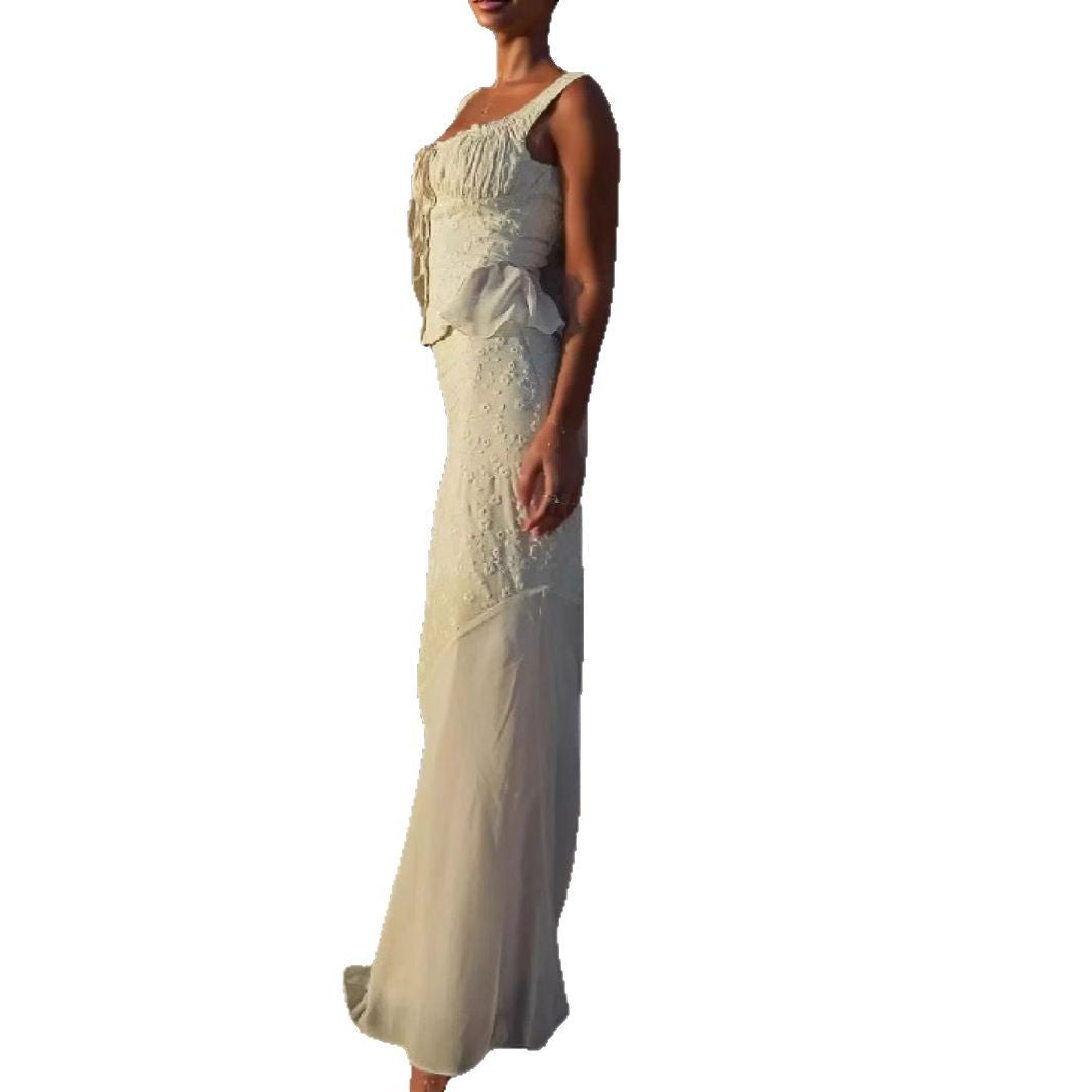 Damen elegantes Maxikleid mit schulterfreiem Design und raffinierten Rüschendetails Drune