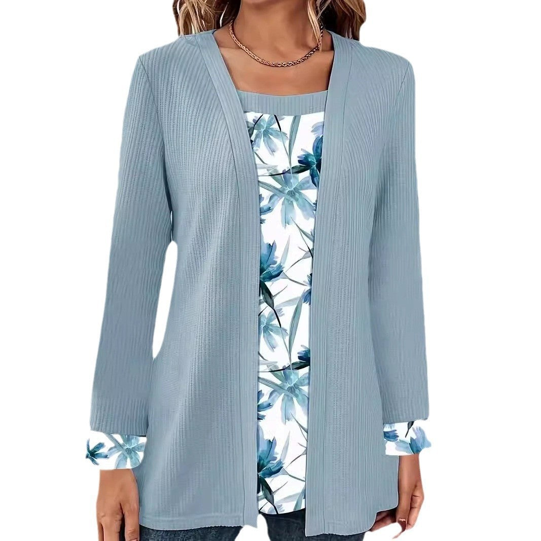 Damen lässiger Cardigan mit floralem Innenfutter und langen Ärmeln Drune