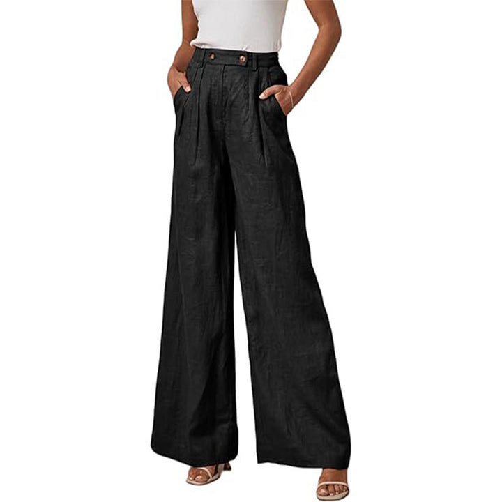 Damen elegante weite Leinenhose mit hohem Bund und Falten Drune