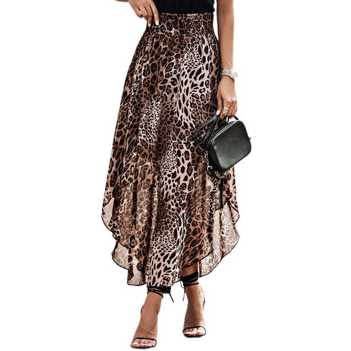 Damen eleganter Maxirock mit asymmetrischem Saum und tierischem Leopardenmuster Drune