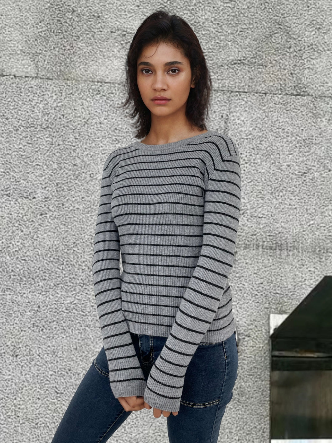 Damen Rippstrickpullover mit Streifenmuster und langen Ärmeln Drune