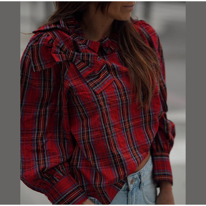 Damen Karobluse mit Rüschendetails und Stehkragen Drune