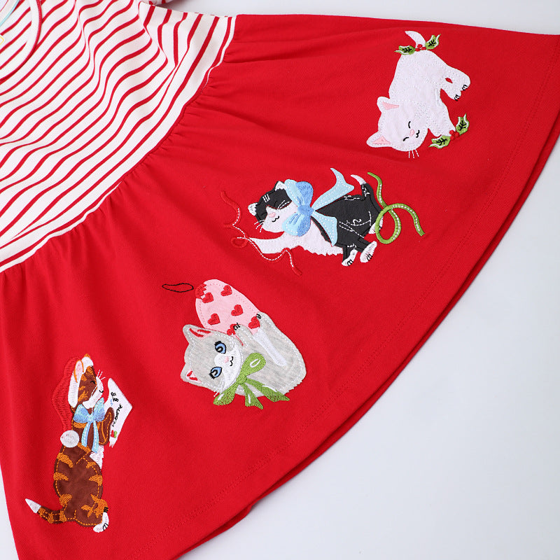 Mädchen Baumwollkleid mit verspielten Katzenapplikationen Drune
