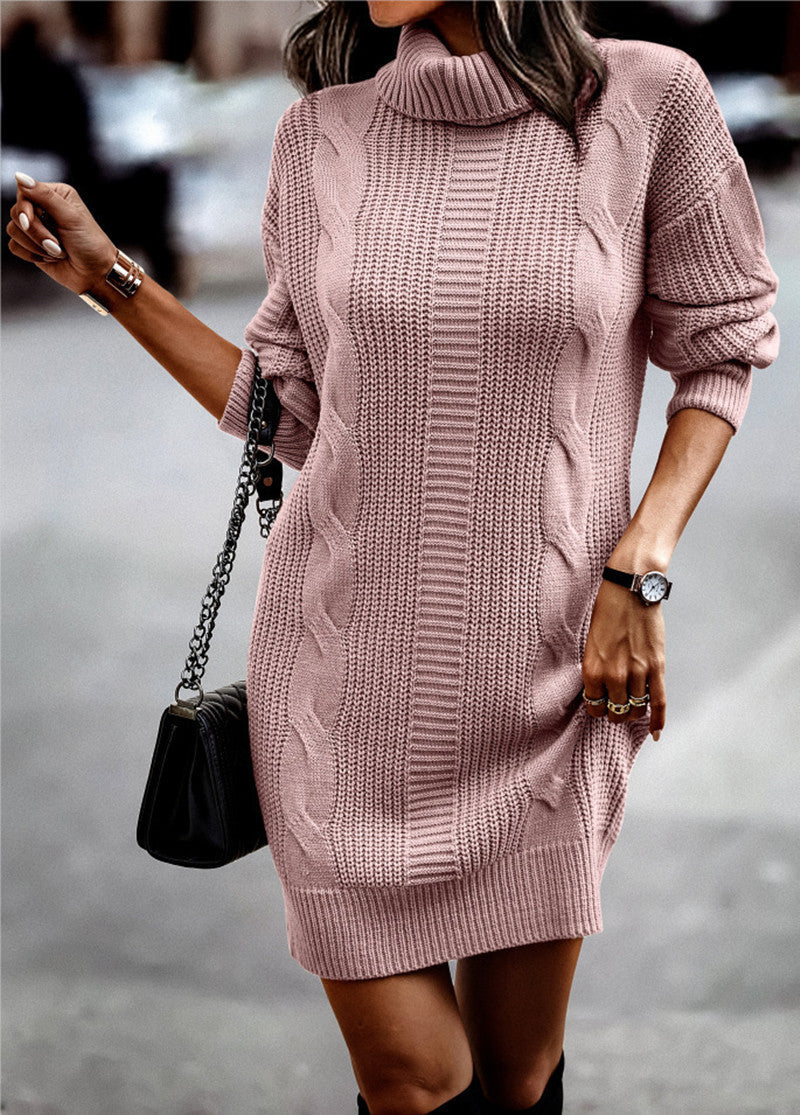 Damen nan kuscheliges Strickkleid mit Rollkragen, Zopfmuster und Oversize-Silhouette Drune