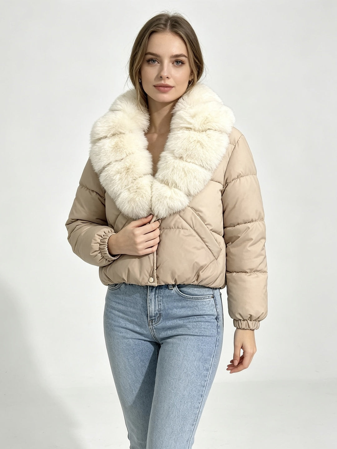 Damen nan kurze wattierte Cropped-Jacke mit extra voluminösem Kunstpelz-Schalkragen und elastischen Bündchen Drune