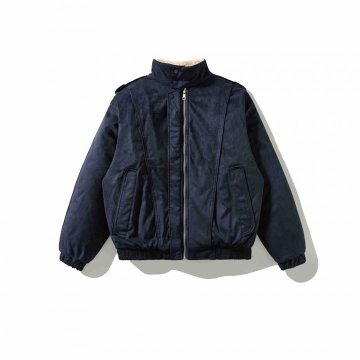 Herren Veloursleder-Optik Bomberjacke mit hohem Stehkragen und Teddyfutter Drune