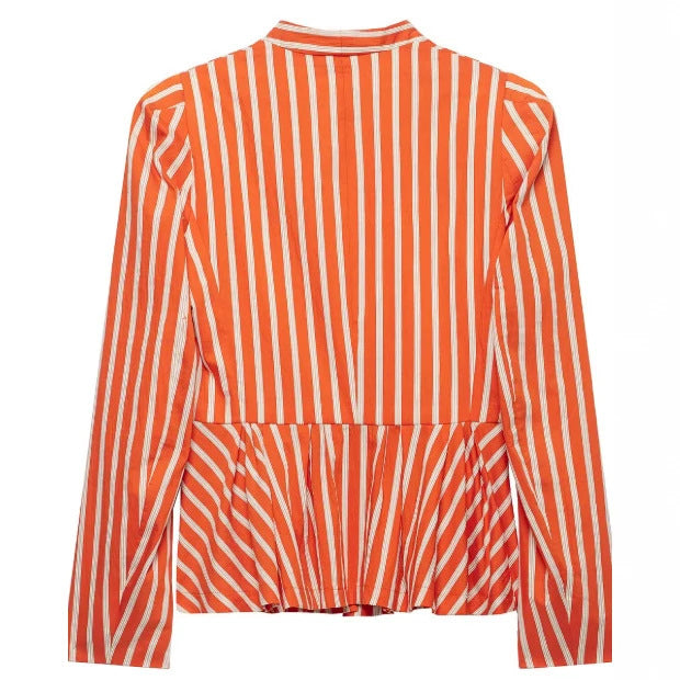 Damen Gestreifte Peplum‑Bluse mit tiefem V‑Ausschnitt und Zierknopfleiste Drune
