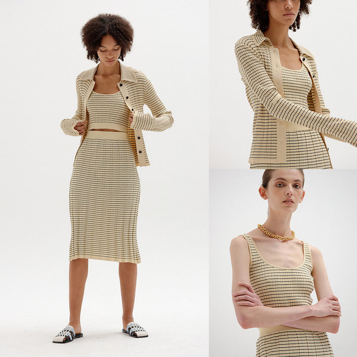 Damen elegantes Strickensemble mit Knopfleiste und hohem Kragen Drune