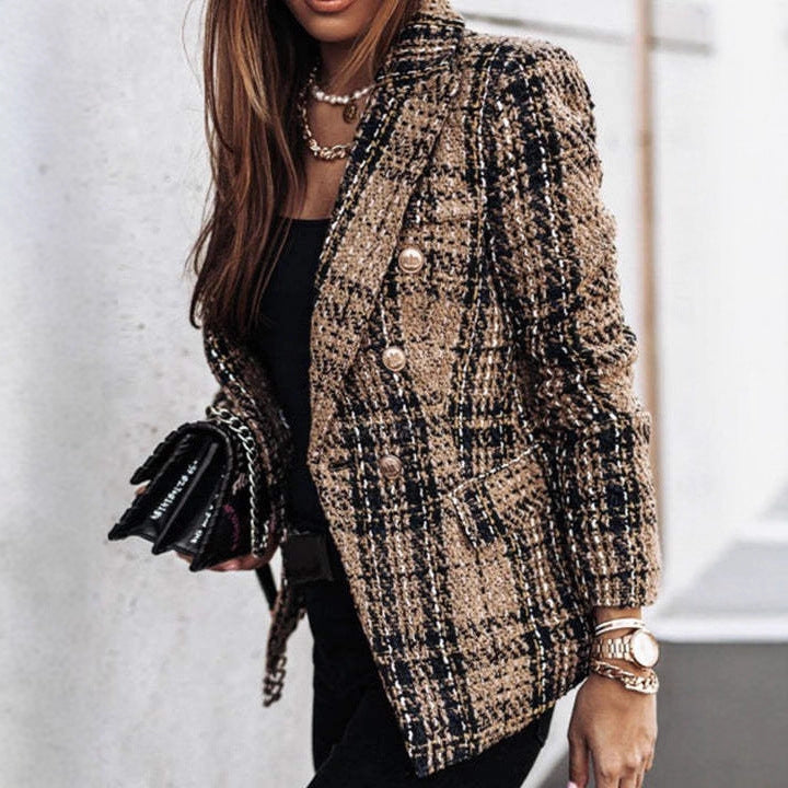 Damen Bouclé-Tweed-Blazer mit Karomuster und doppelreihiger Knopfleiste Drune