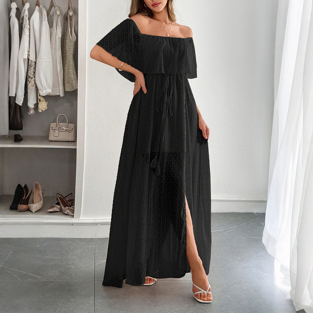Damen Off-Shoulder Maxikleid mit feinem Punktedesign und Taillenbindung Drune