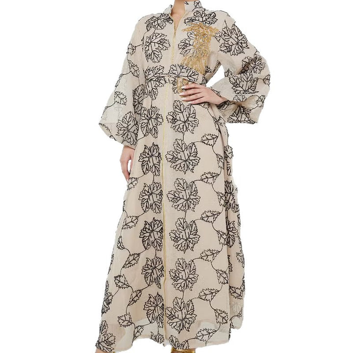 Damen Besticktes Maxikleid im Kaftan-Stil mit Reißverschluss, Taillengürtel und Ballonärmeln Drune
