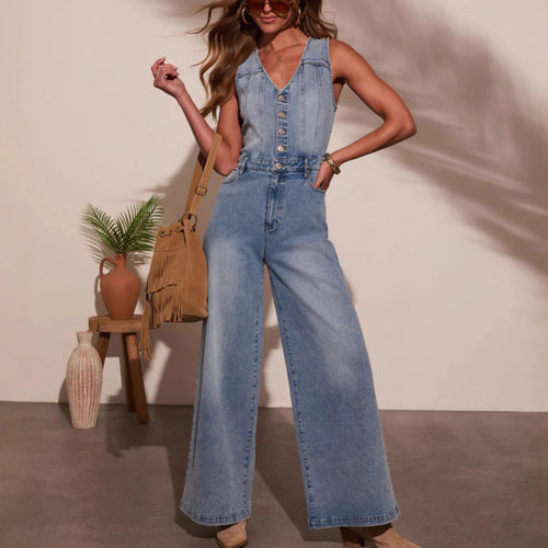 Damen Denim-Jumpsuit mit hohem Bund und Knopfdetails Drune