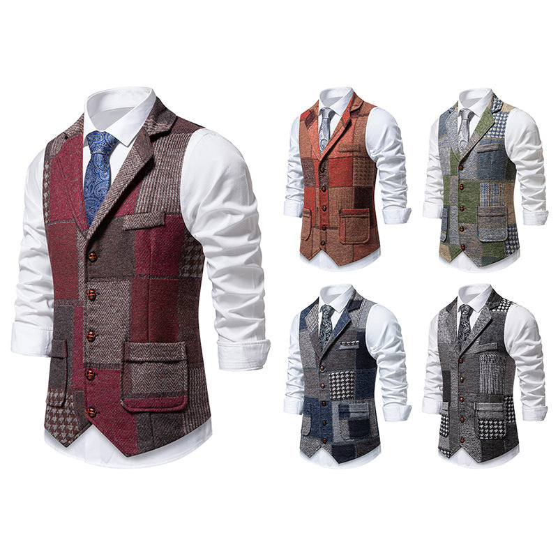 Herren nan Patchwork Weste mit Reverskragen Knopfleiste und aufgesetzten Taschen Drune