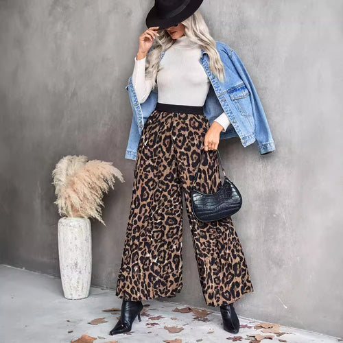 Damen weite Palazzo-Hose mit animalischem Muster und elastischem Bund Drune