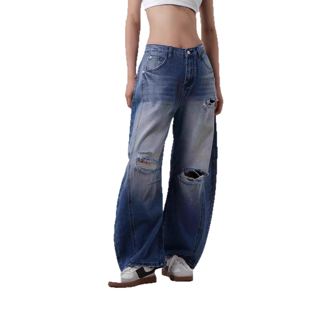 Damen nan Baggy-Jeans mit hohem Bund, sichtbaren Nahtpaneelen und distressed Kniepartien Drune