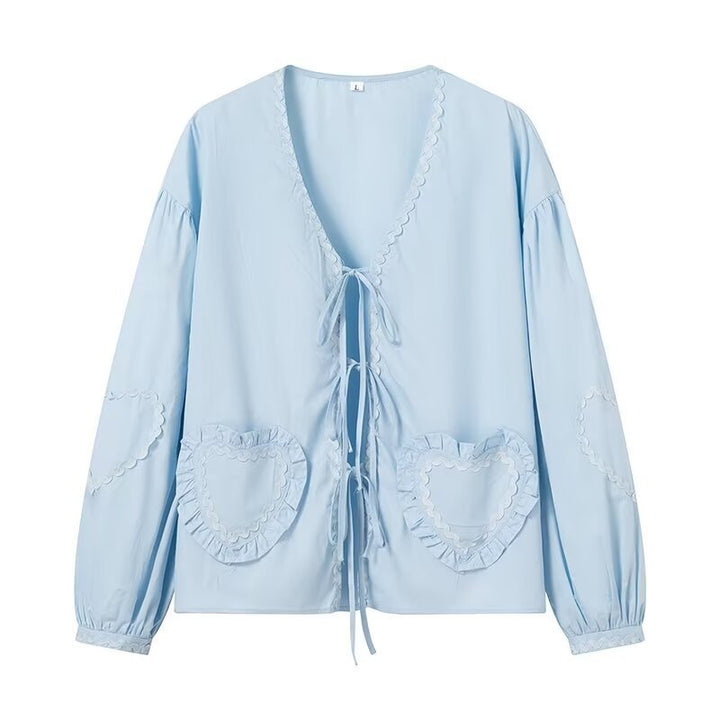 Damen Langärmlige V‑Ausschnitt Bluse mit Bindebändern und Herz‑Rüschentaschen Drune