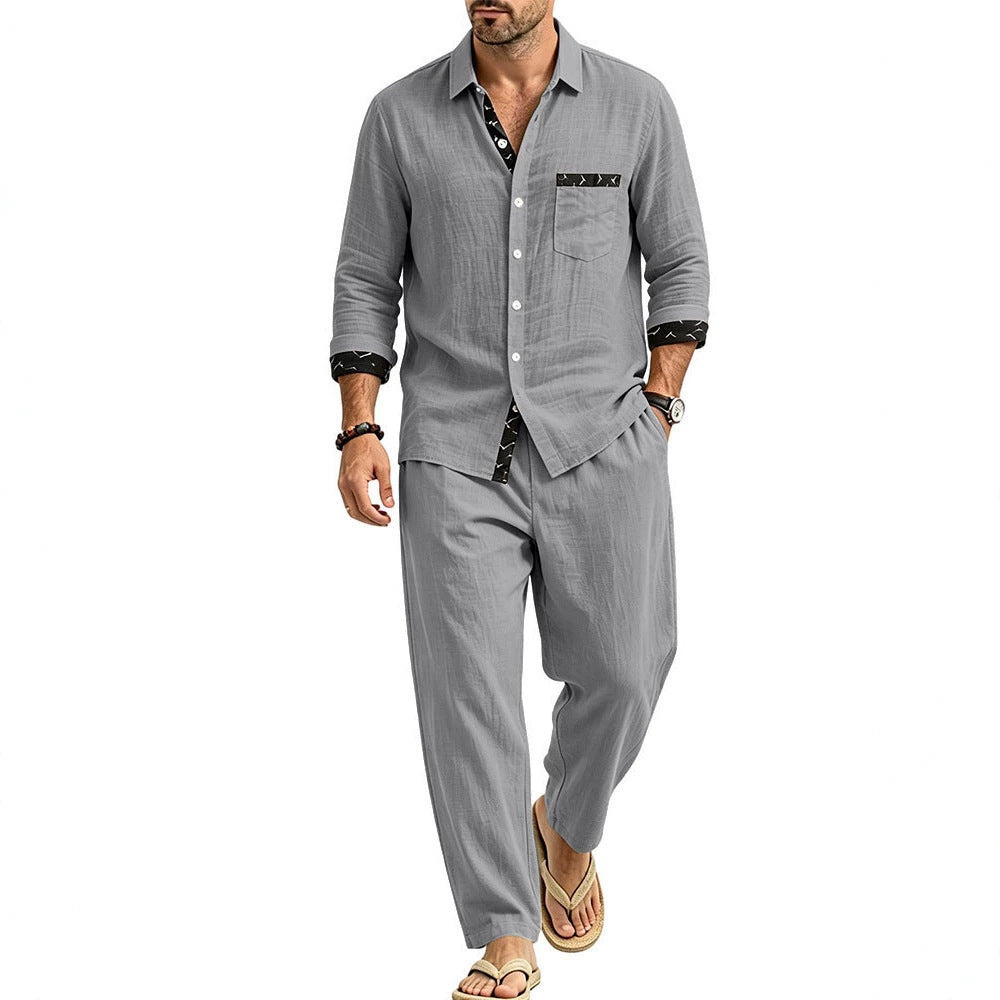 Herren Leichtes Leinenoptik Freizeit-Set mit Hemd und Relax-Hose Drune